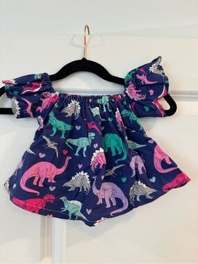 Navy Dinosaur Print Off-Shoulder Girls Top - Pink, Teal, Mint